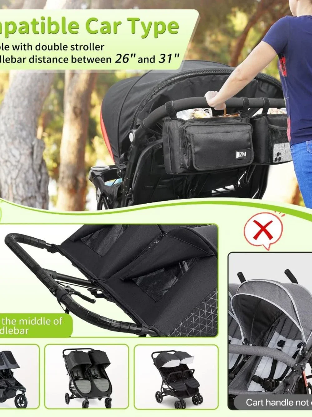 Black Double Stroller Organizer Compatible with 26-31 Inch Handlebar